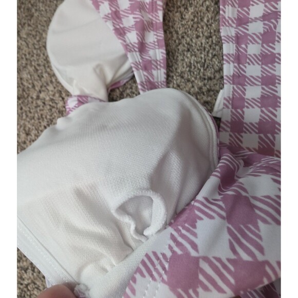 Cupshe NWT Pink White Gingham Bikini Size Medium Ruffle Top Bow Two Piece - Picture 13 of 15